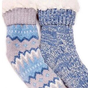 MUK LUKS 2 Pack Lined Rib Socks Soft Faux Fur WOMEN'S SIZE L-XL Blue & Gray NEW